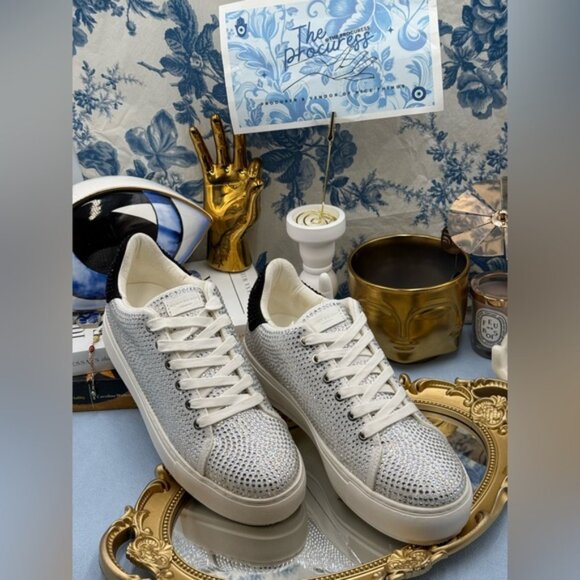 🆕 KURT GEIGER LONDON 🧿 NWOT Laney Silver Crystal Low Top Sneaker, Sz 38.5 US 8 - Picture 2 of 16